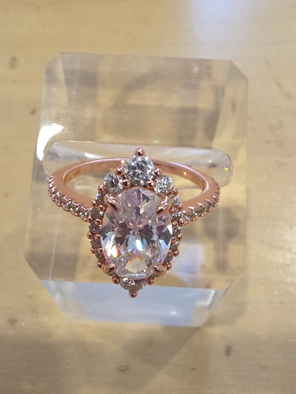 Rose Gold Oval Halo Engagement Ring with Pink-Clear Center Stone